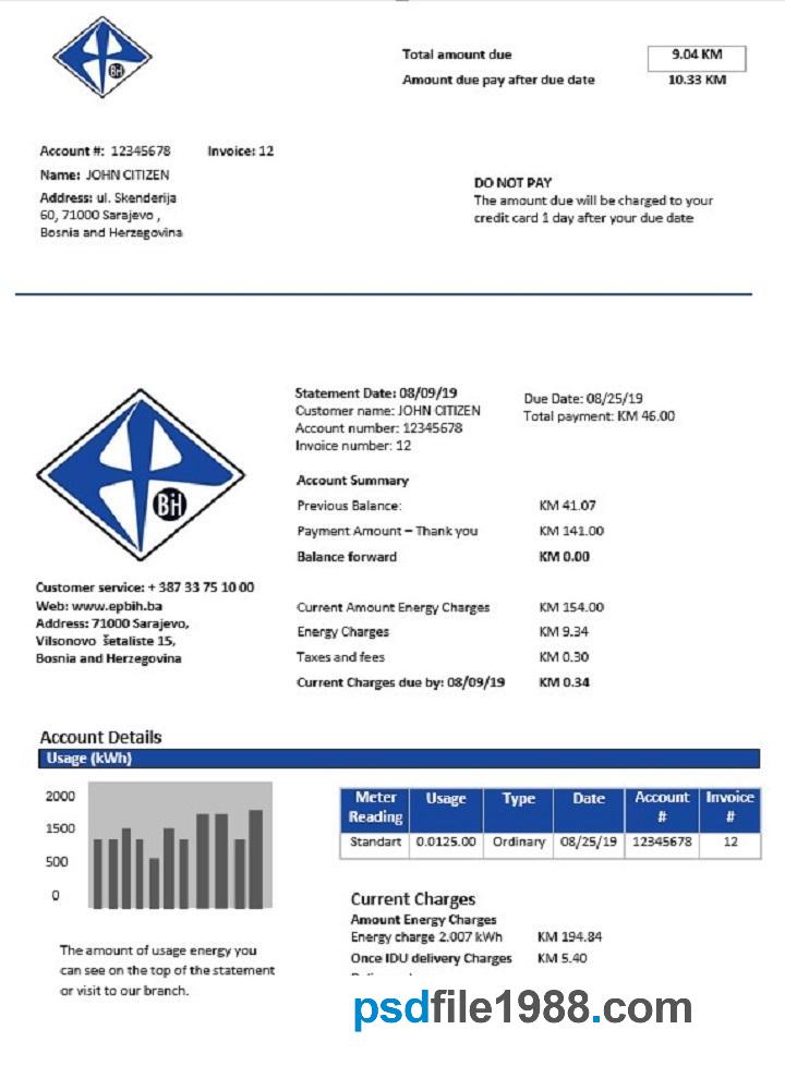 Bosnia and Herzegovina Elektroprivreda BiH Electricity Utility Bill